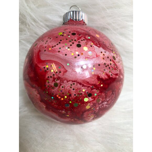 Christmas Ornament Red & Pink Swirl Globe Hand-Painted Marbled Glitter - Picture 4 of 8